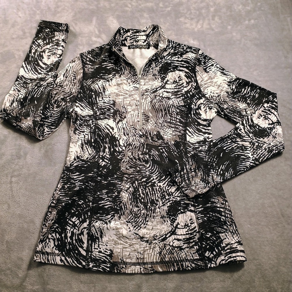 Sno Skins Pullover Womens Medium Black White 1/4 Zip Mock‎ Neck Ski Top Stretch